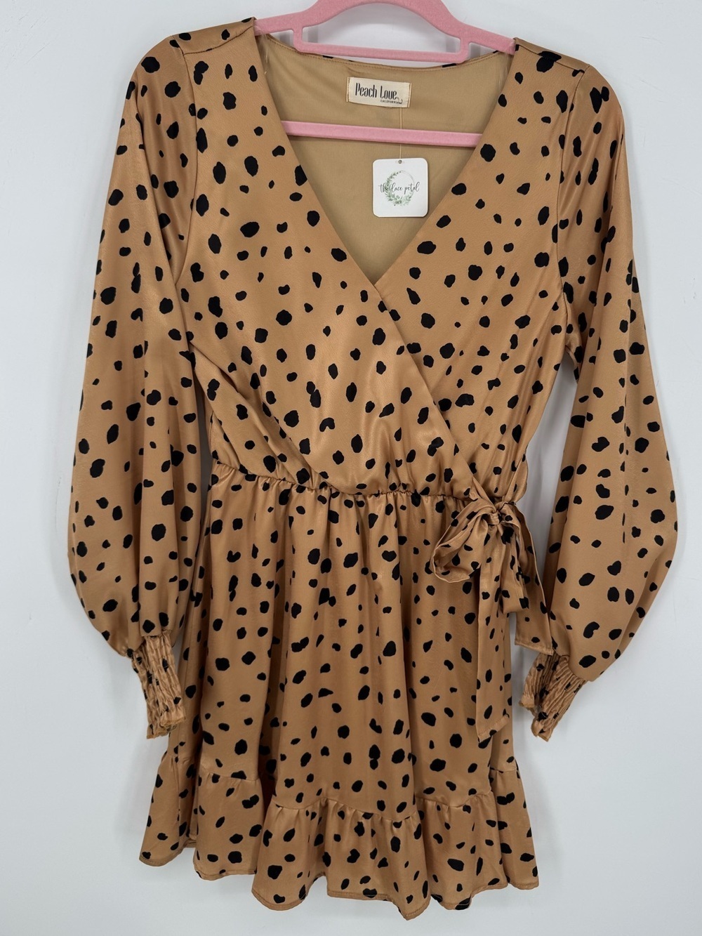 Peach Love Boho Boutique Camel + Black Animal Print Tie Waist Dress Small NWT